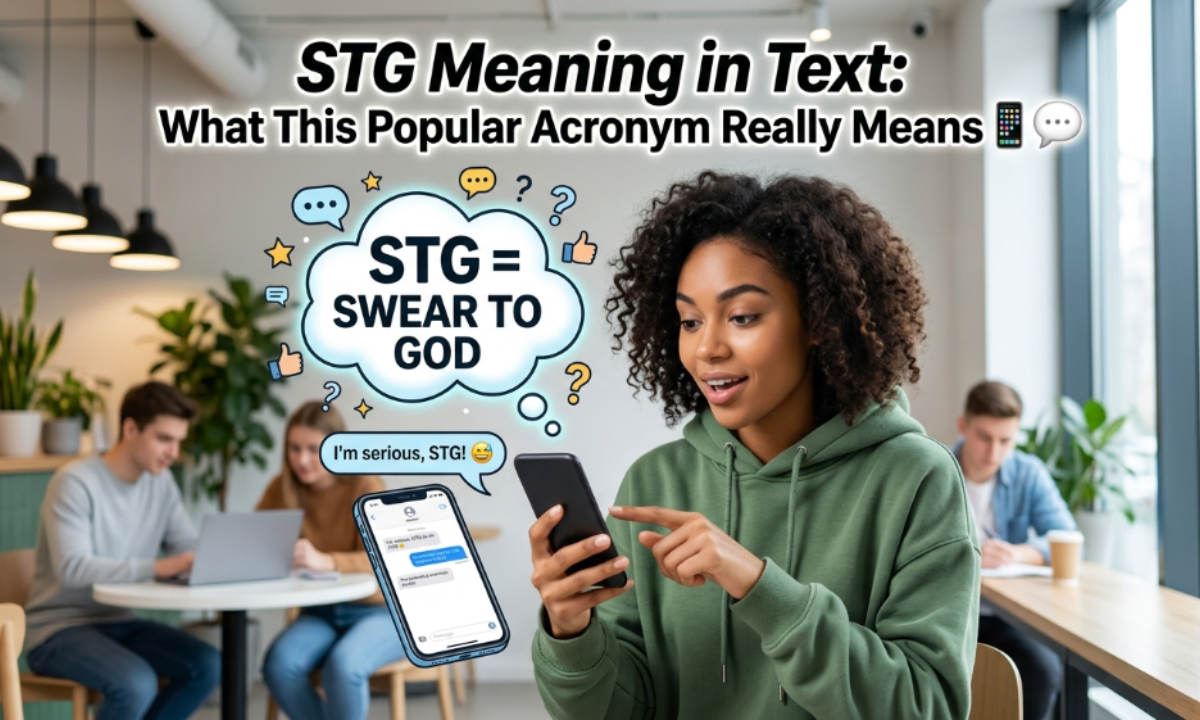 STG meaning in text message displayed on a smartphone chat screen with texting acronym explanation