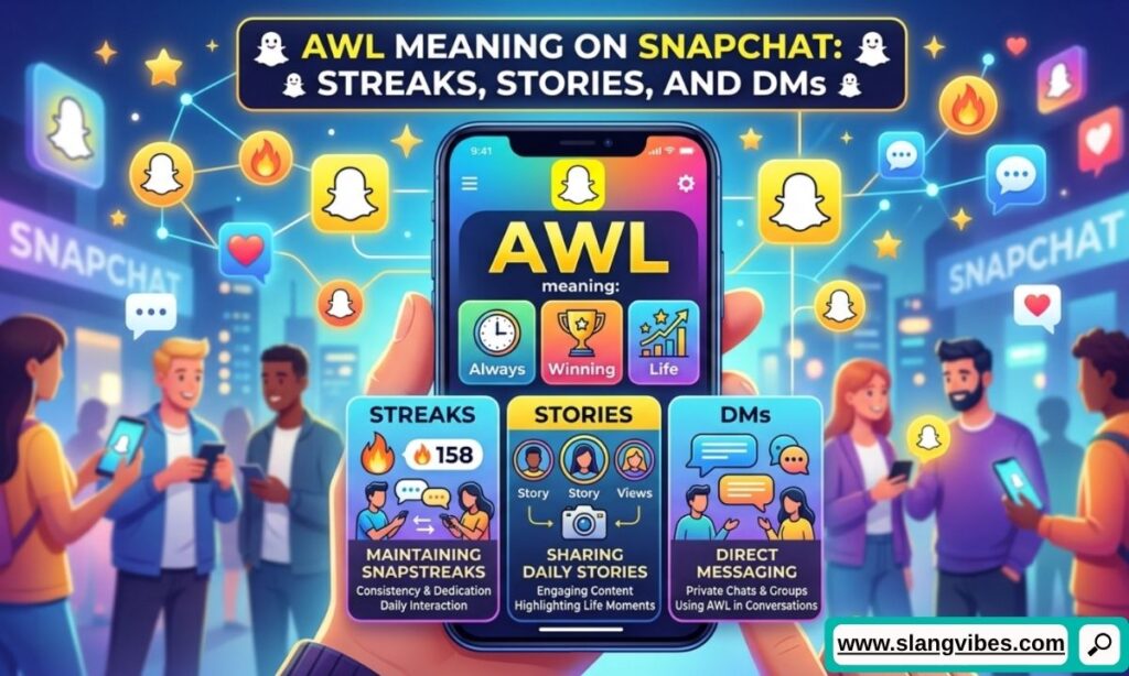 AWL meaning on Snapchat explained for streaks stories and DMs with social media chat usage examples
