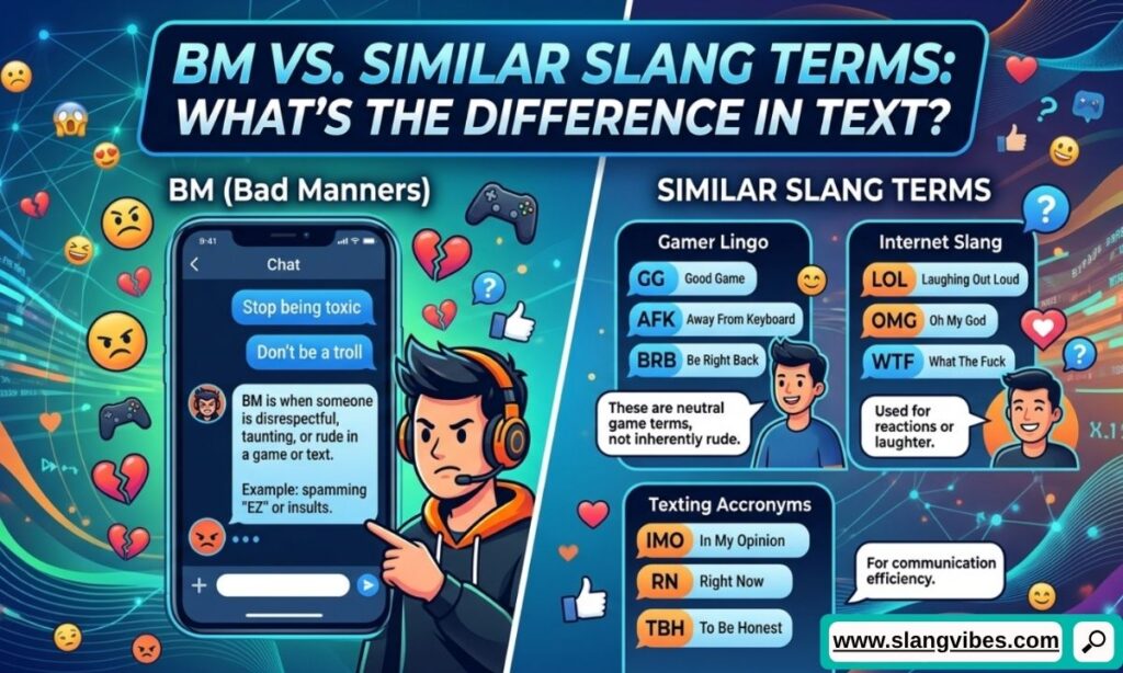 BM vs similar text slang terms comparison chart showing meanings, chat abbreviations, and messaging differences
