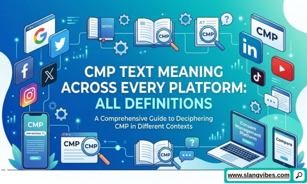 CMP text meaning across social media platforms with texting abbreviations and online chat examples