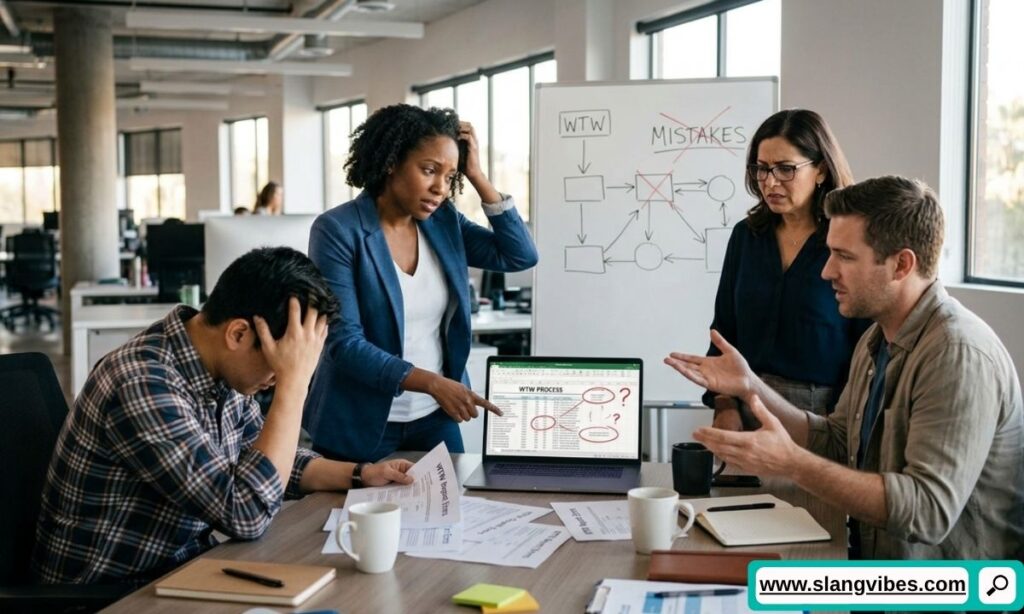 Common mistakes with WTW meaning in text, including incorrect usage examples in social media chats and messages