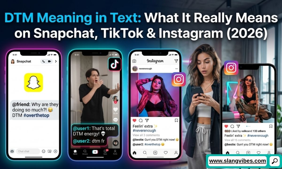 DTM Meaning in Text explained on Snapchat, TikTok, and Instagram with social media chat examples