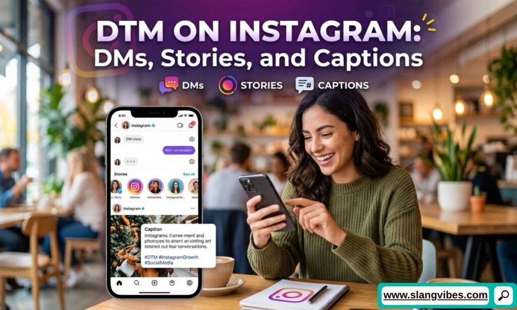 DTM on Instagram in DMs, Stories, and captions with examples of social media slang usage