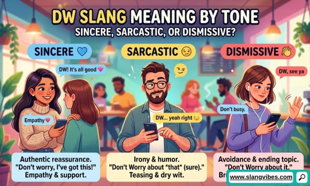 DW slang meaning explained through sincere, sarcastic, and dismissive texting examples in social media conversations