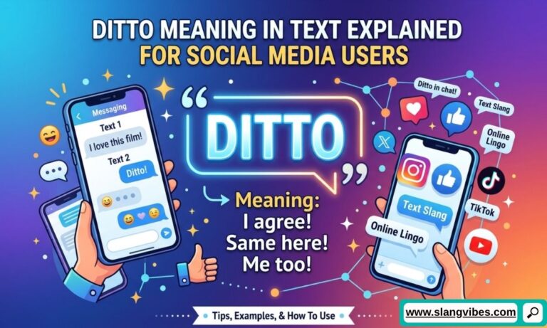 Ditto meaning in text shown in a social media chat conversation with messaging app icons and text bubbles