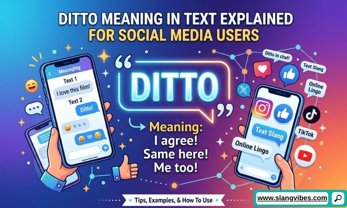 Ditto meaning in text shown in a social media chat conversation with messaging app icons and text bubbles