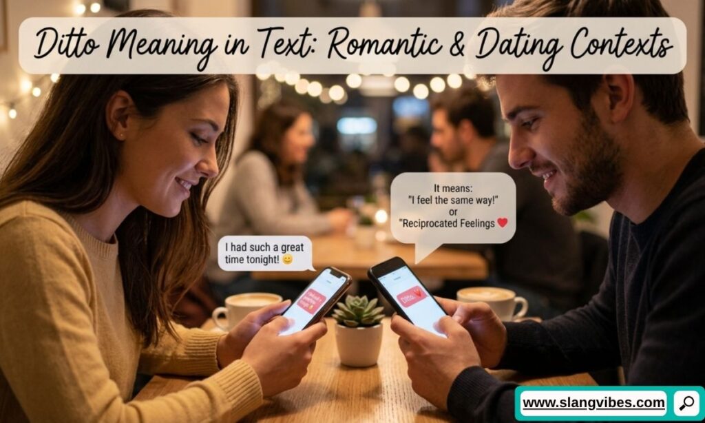 Ditto meaning in text in romantic and dating chats showing affectionate social media conversation