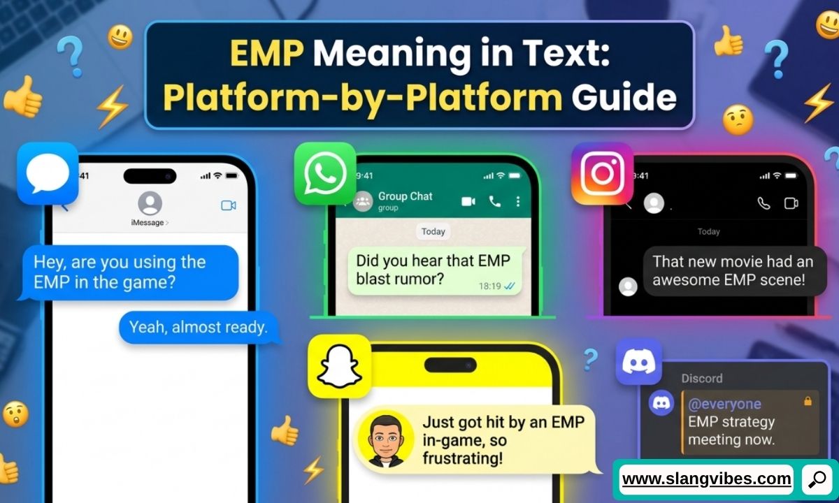 EMP meaning in text displayed on smartphone chat screen with social media messaging icons