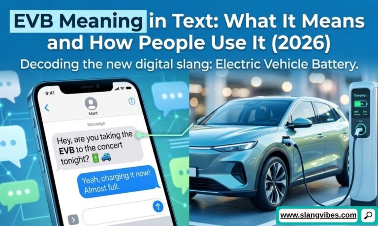 EVB meaning in text displayed in a social media chat with examples of online slang and messaging usage