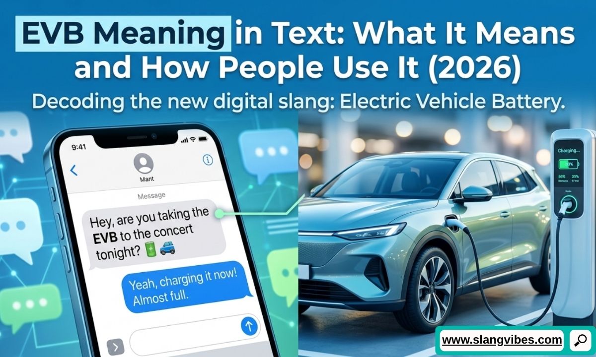 EVB meaning in text displayed in a social media chat with examples of online slang and messaging usage