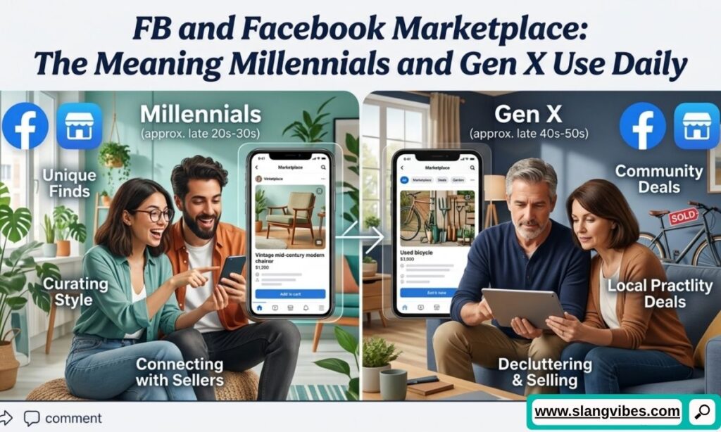 FB meaning as Facebook and Facebook Marketplace used daily by Millennials and Gen X for buying, selling, and social networking