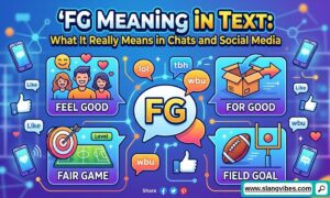 FG Meaning in Text displayed on a smartphone chat screen with social media messaging icons and text abbreviations