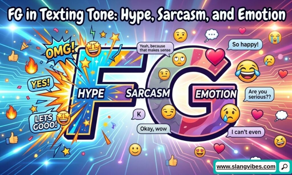 FG in texting tone showing hype, sarcasm, and emotion through smartphone messages and social media chat bubbles
