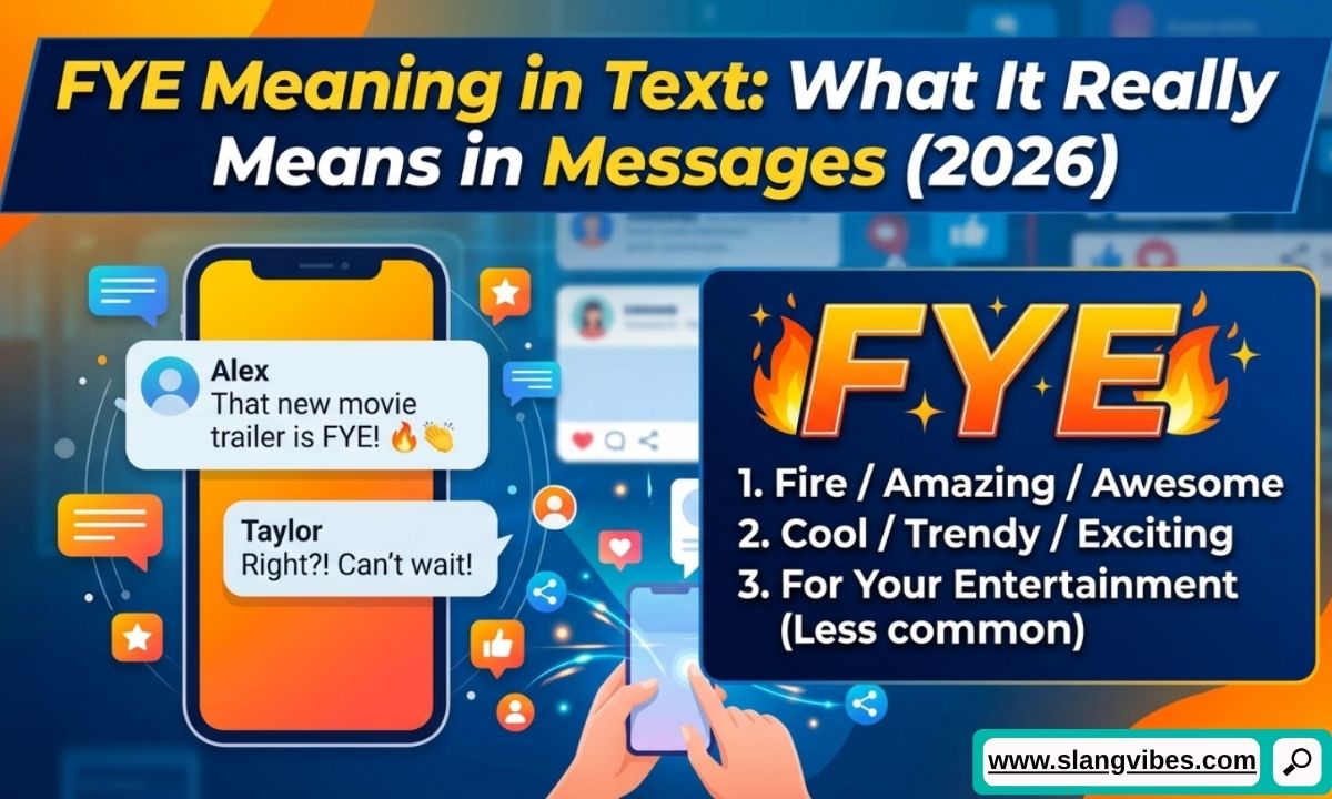 FYE Meaning in Text explained with smartphone messages, social media chat icons, and texting acronym examples