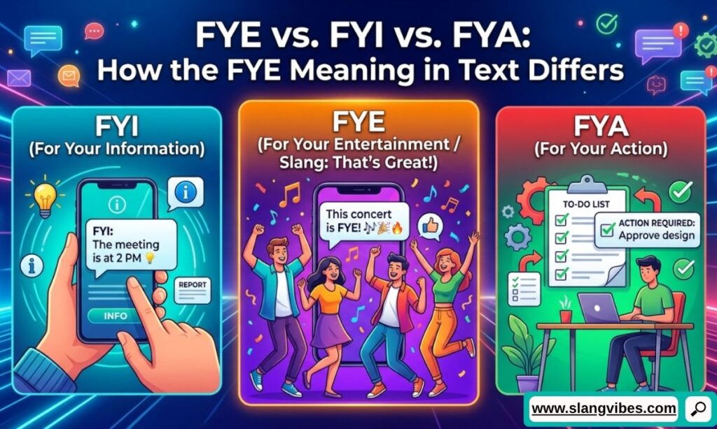 FYE vs FYI vs FYA meanings compared in a texting acronym guide for social media and chat conversations