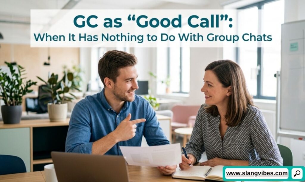 GC as Good Call in text messages with chat examples showing when it doesn't mean Group Chat (2026)
