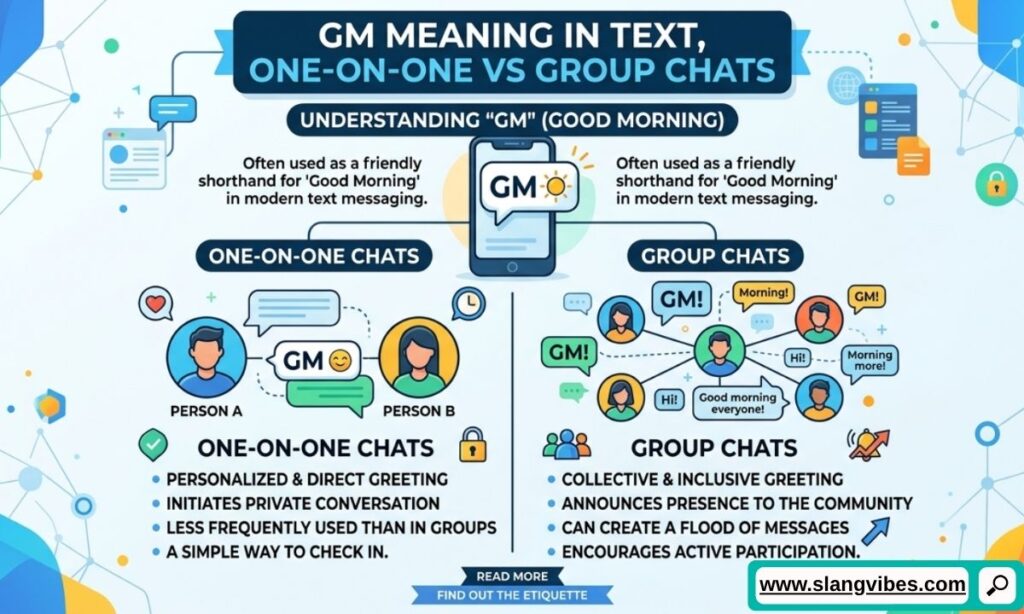 GM meaning in text shown in one-on-one messages and group chats with different conversation examples