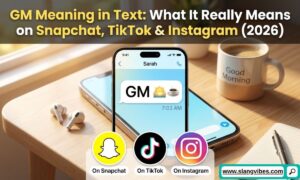 GM Meaning in Text explained on Snapchat, TikTok, and Instagram with chat messages and social media icons