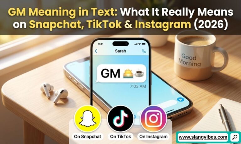 GM Meaning in Text explained on Snapchat, TikTok, and Instagram with chat messages and social media icons