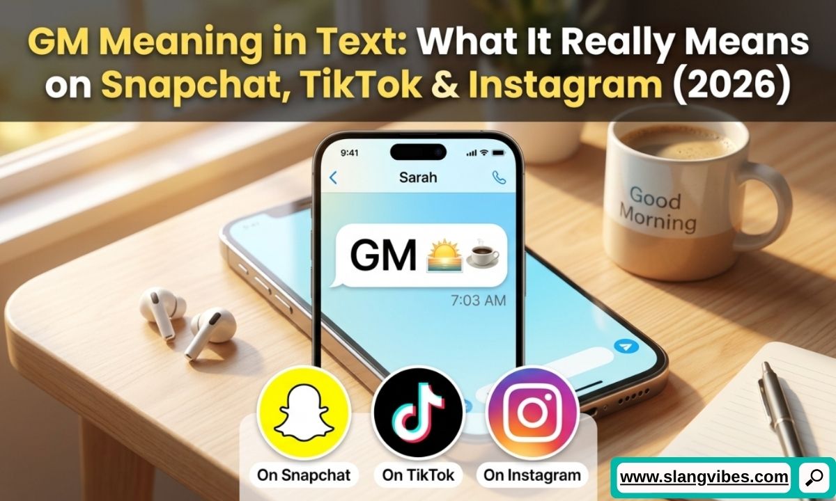 GM Meaning in Text explained on Snapchat, TikTok, and Instagram with chat messages and social media icons