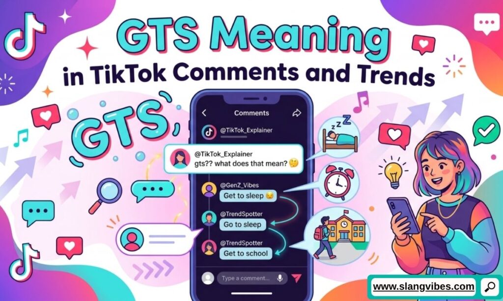GTS meaning in TikTok comments and trends shown on a smartphone screen with social media interactions
