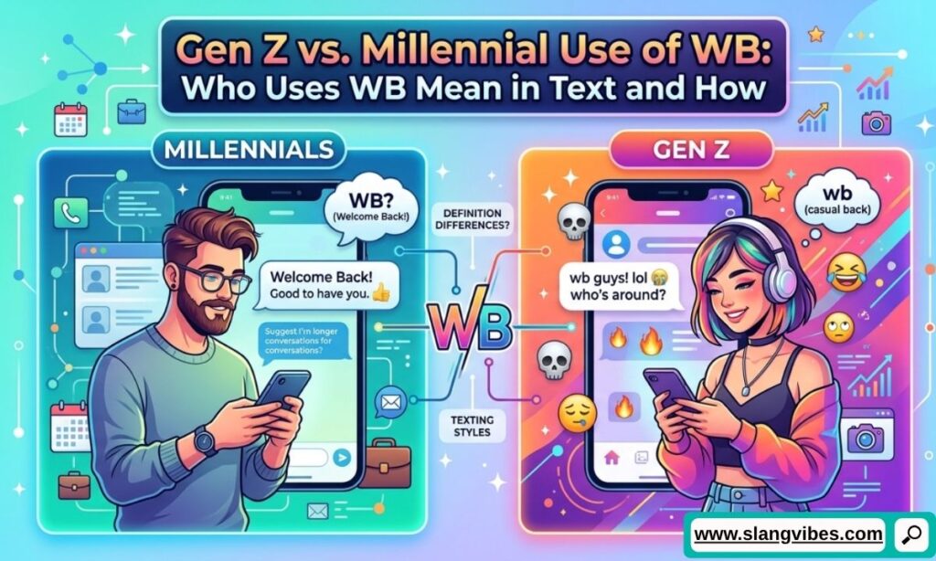 Gen Z vs Millennial use of WB meaning in text explained with social media chat examples and texting slang