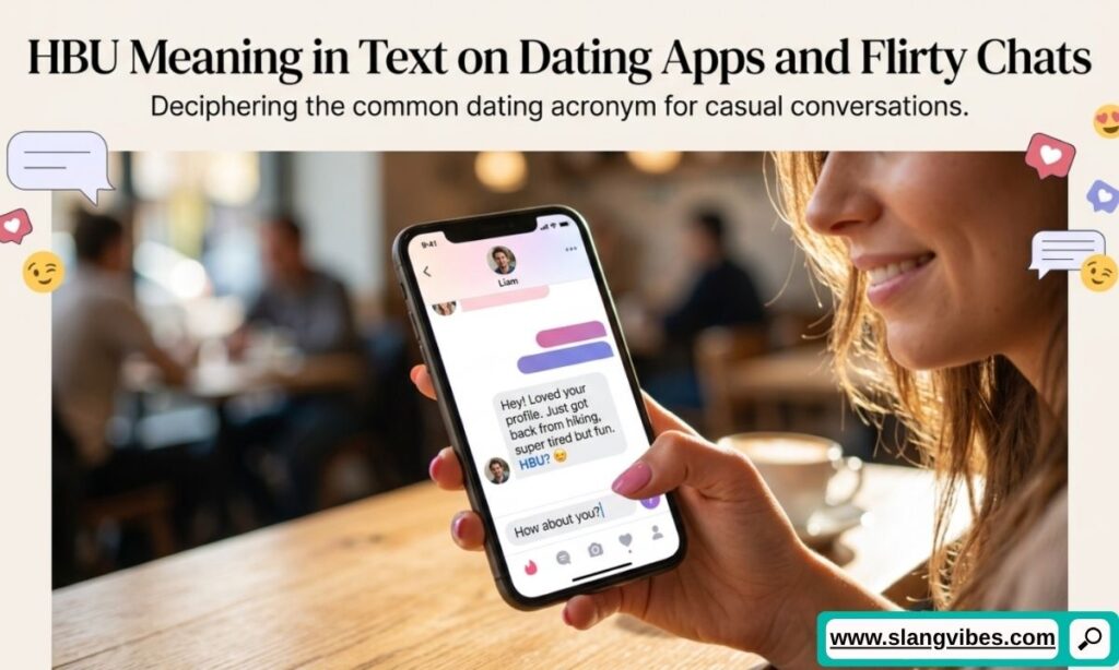 HBU meaning in text used in dating apps and flirty chat conversations on Tinder, Snapchat, and Instagram DMs