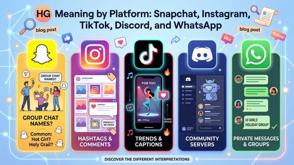 HG meaning on Snapchat, Instagram, TikTok, Discord, and WhatsApp — platform-by-platform slang guide graphic 2026