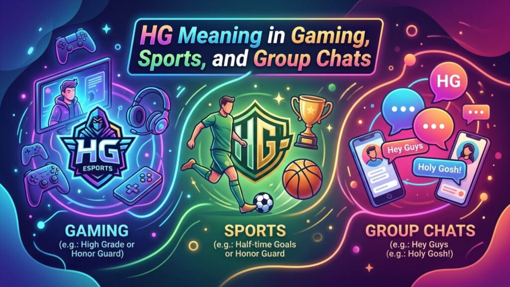 HG meaning in gaming, sports, and group chats — slang definition graphic covering multiple context-based uses 2026