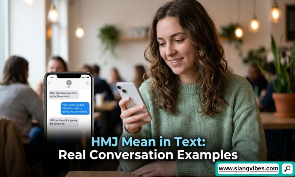 HMJ Mean in Text real conversation examples shown in smartphone chat messages and social media texting