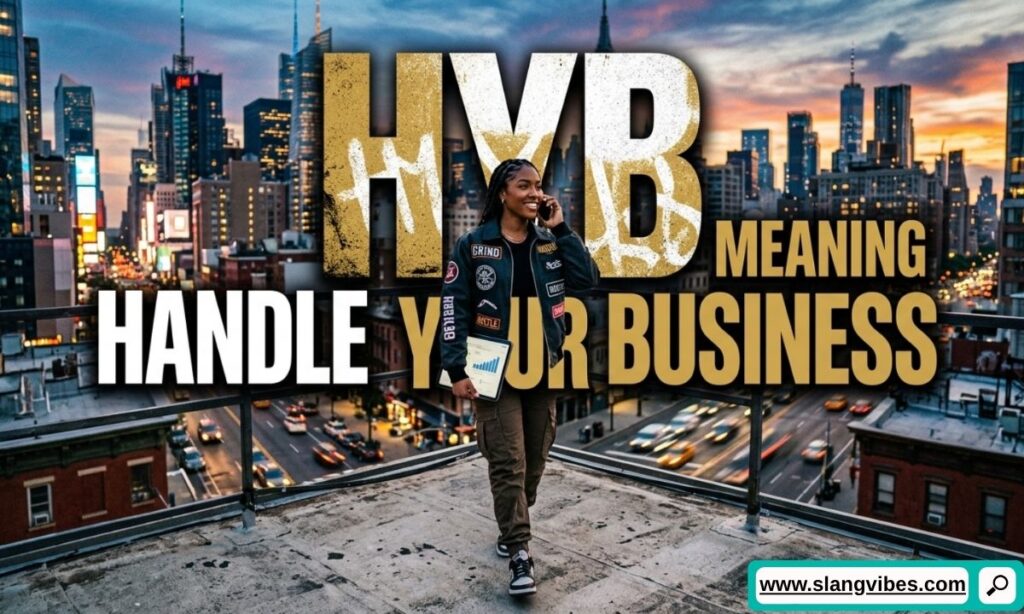 HYB meaning Handle Your Business in text messages and social media chats with bold slang explanation