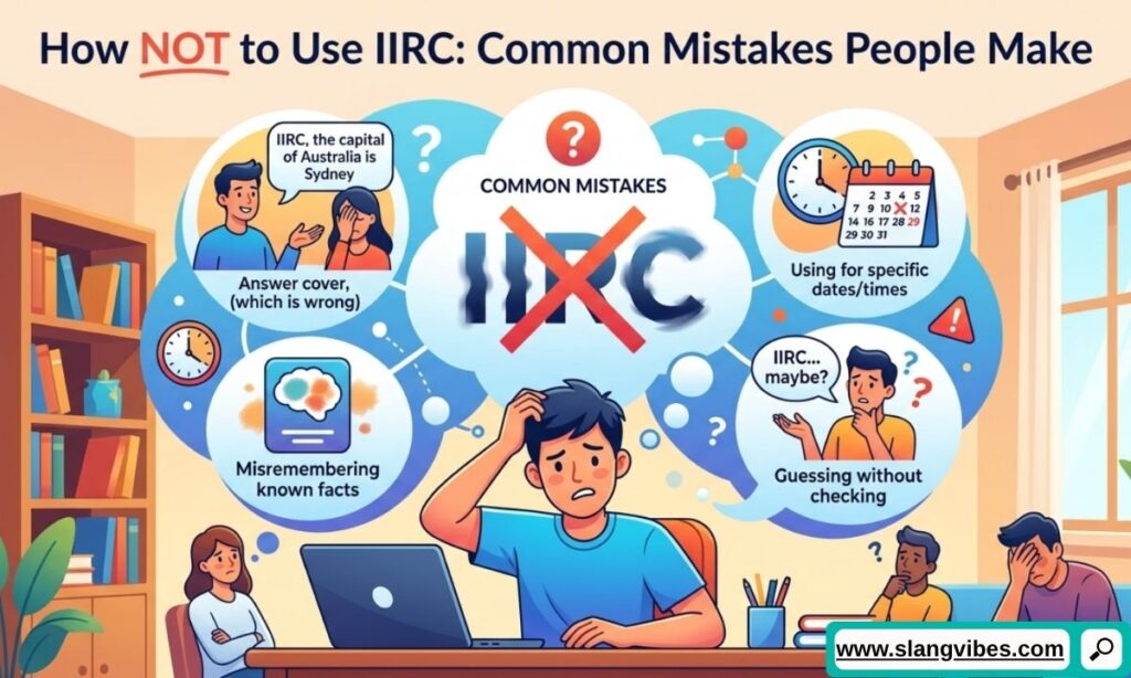 
Common mistakes using IIRC meaning in text shown in awkward chat conversation on a mobile screen
