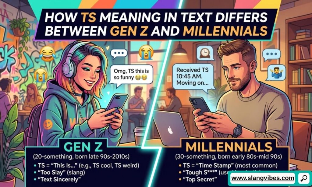 TS meaning in text comparison between Gen Z and Millennials using social media and chat examples