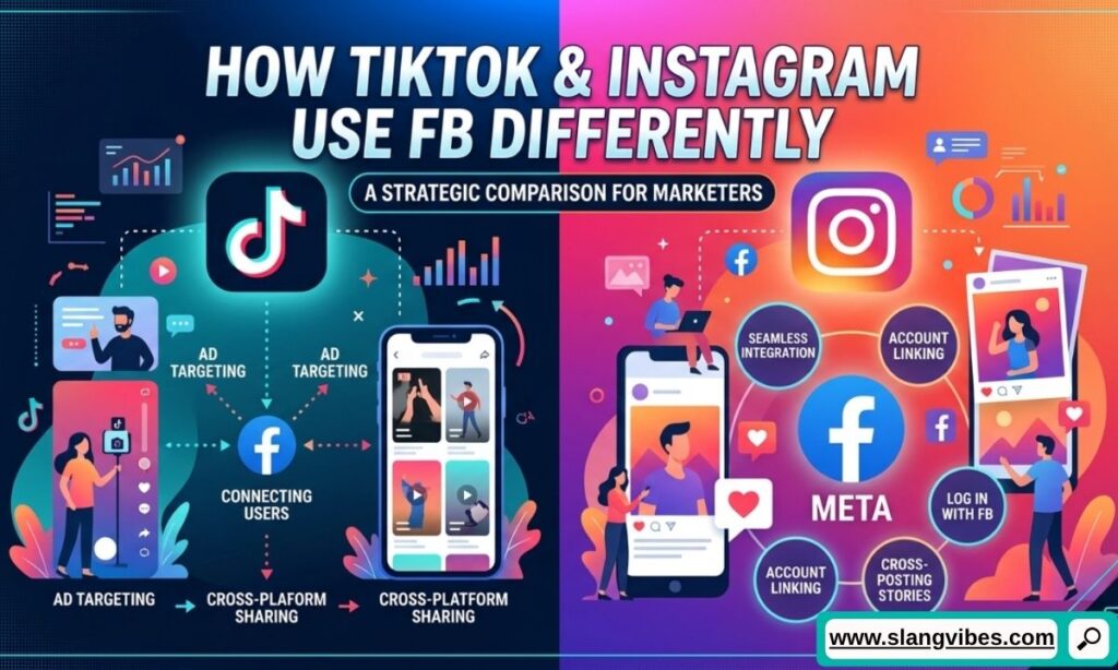 Comparison of how TikTok and Instagram use FB differently in text, comments, captions, and direct messages
