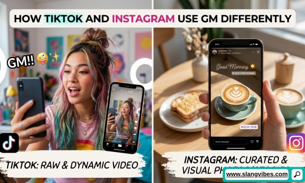 TikTok and Instagram users showing different uses of GM in comments, captions, DMs, and social media conversations
