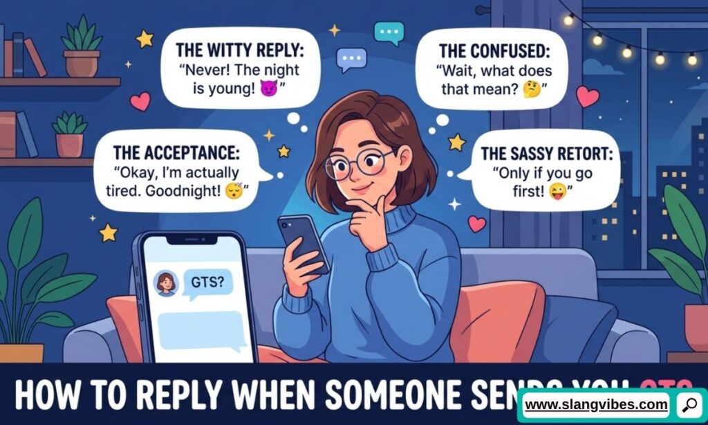 Person replying to a GTS text message on a smartphone with chat response suggestions and texting slang examples