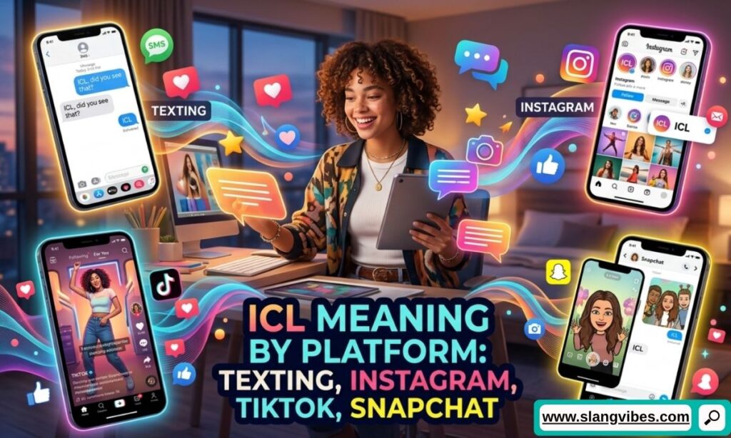 ICL meaning by platform in texting, Instagram, TikTok, Snapchat, and WhatsApp with chat examples and slang explanations.
