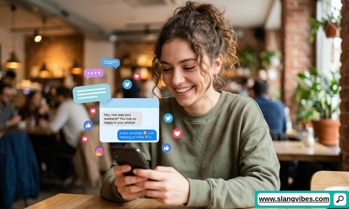 IFG meaning in text messages shown in a smartphone chat conversation with social media icons and texting slang