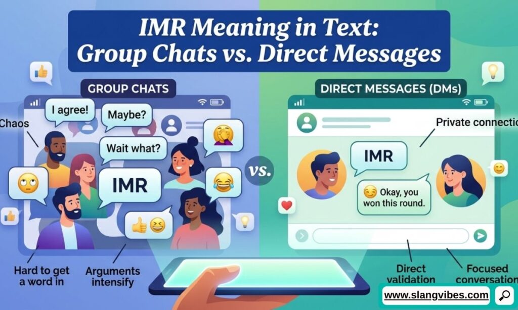 IMR meaning in text shown in group chat and direct message conversations on a smartphone messaging app