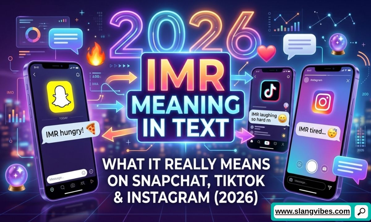IMR Meaning in Text displayed on a smartphone with Snapchat, TikTok, and Instagram chat icons