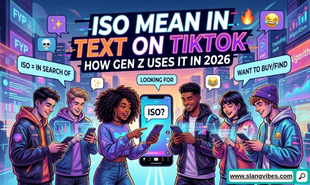 ISO Mean in Text on TikTok showing Gen Z using "In Search Of" in comments, captions, and direct messages in 2026.