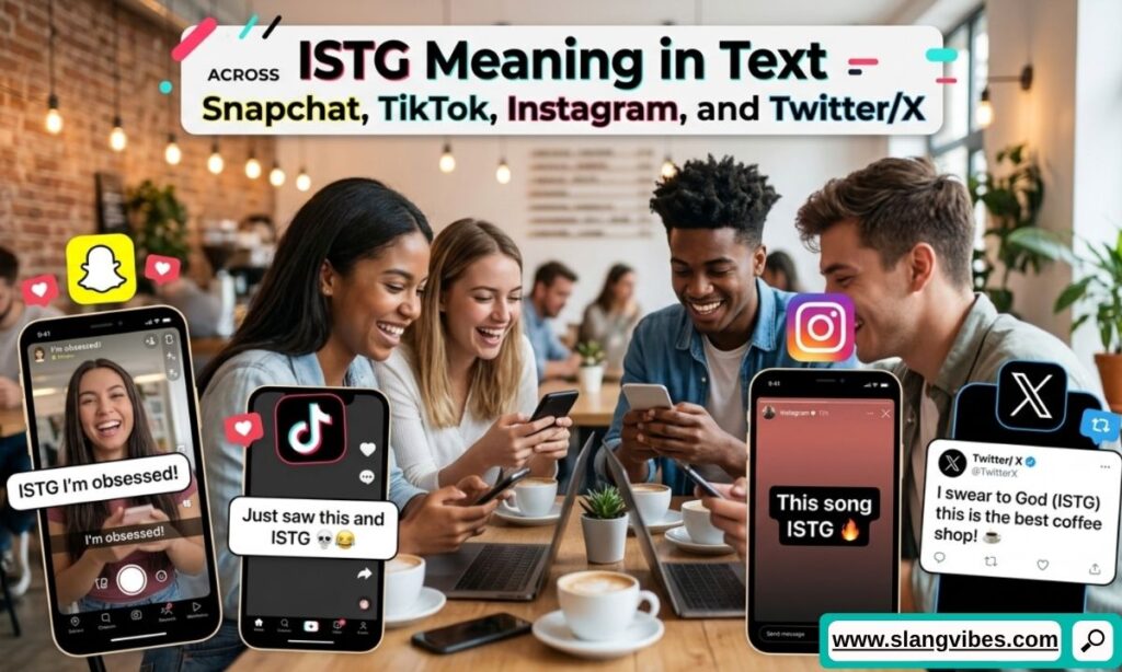 ISTG meaning in text shown across Snapchat TikTok Instagram and Twitter/X chat examples