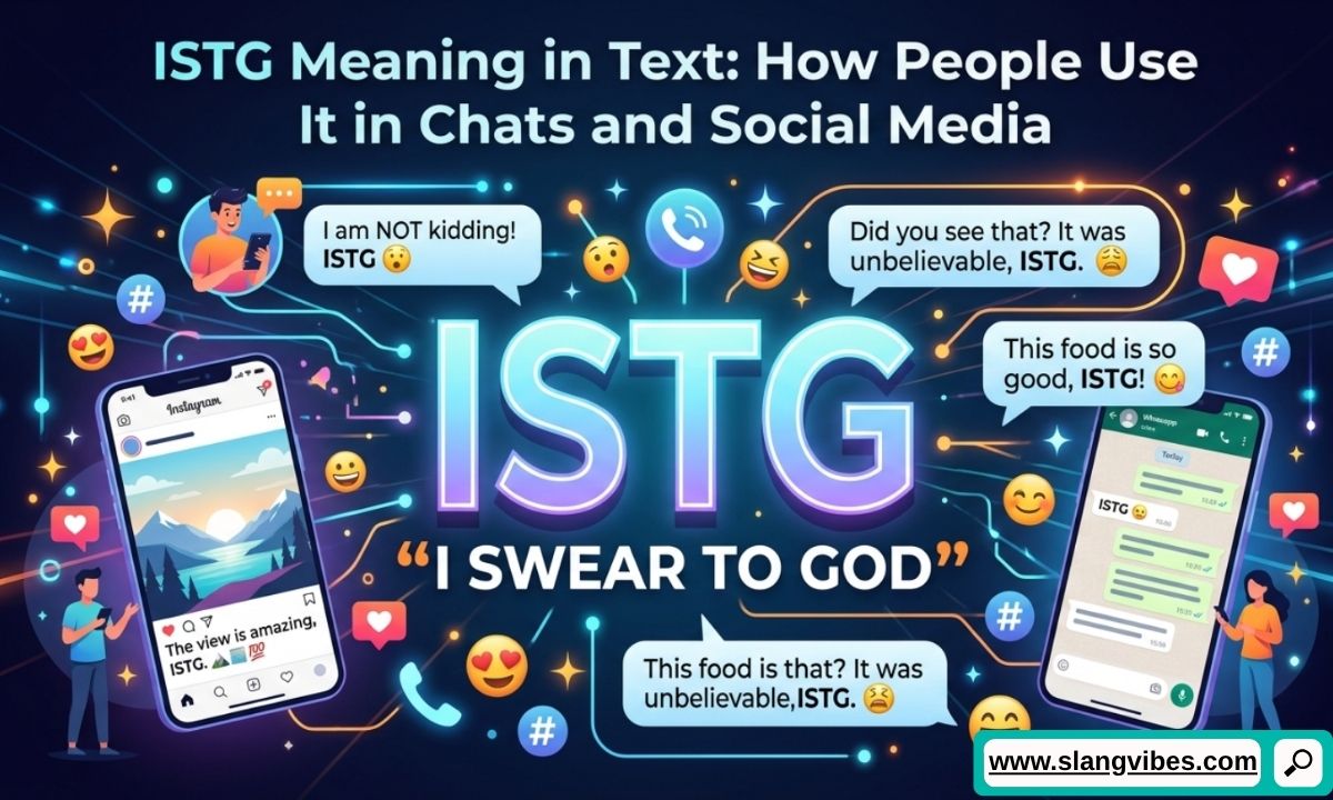 ISTG Meaning in Text shown in a smartphone chat with social media messaging and texting slang examples