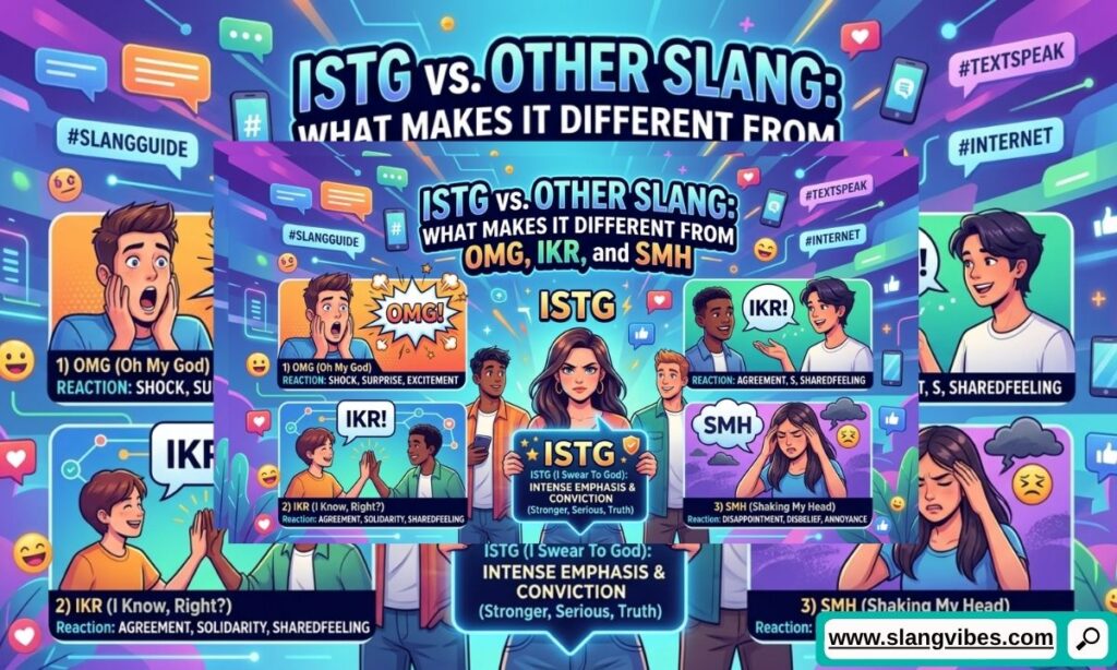 Comparison of ISTG vs OMG IKR and SMH in texting slang with chat meaning differences