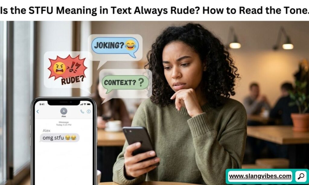 STFU meaning in text explained with examples showing rude, joking, and friendly conversation tones