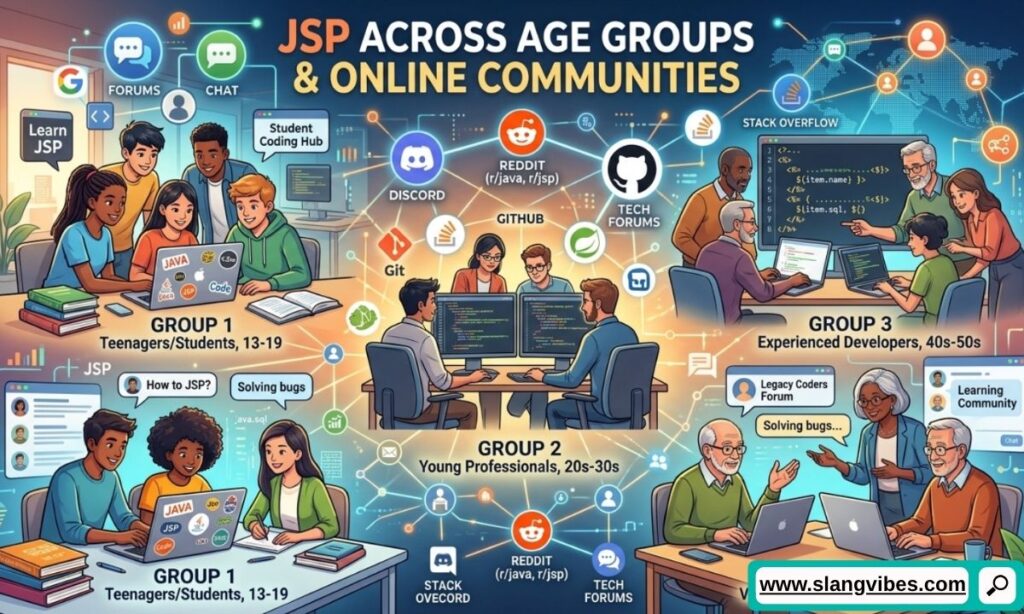 JSP slang usage across age groups and online communities from Gen Z teens to millennials illustrated by icons