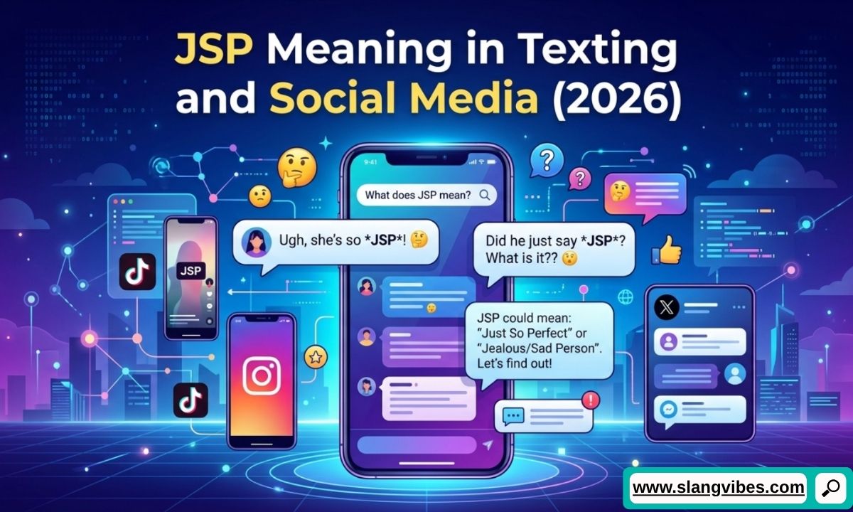 JSP meaning in texting and social media 2026 — colorful chat bubbles showing slang acronym explained