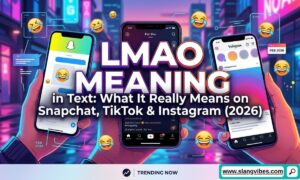 LMAO meaning in text explained on Snapchat, TikTok, and Instagram with chat messages and social media icons