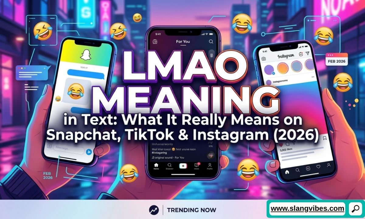 LMAO meaning in text explained on Snapchat, TikTok, and Instagram with chat messages and social media icons