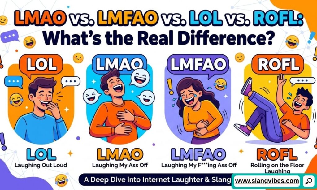 Comparison of LMAO vs LMFAO vs LOL vs ROFL showing internet slang meanings and laughter intensity levels
